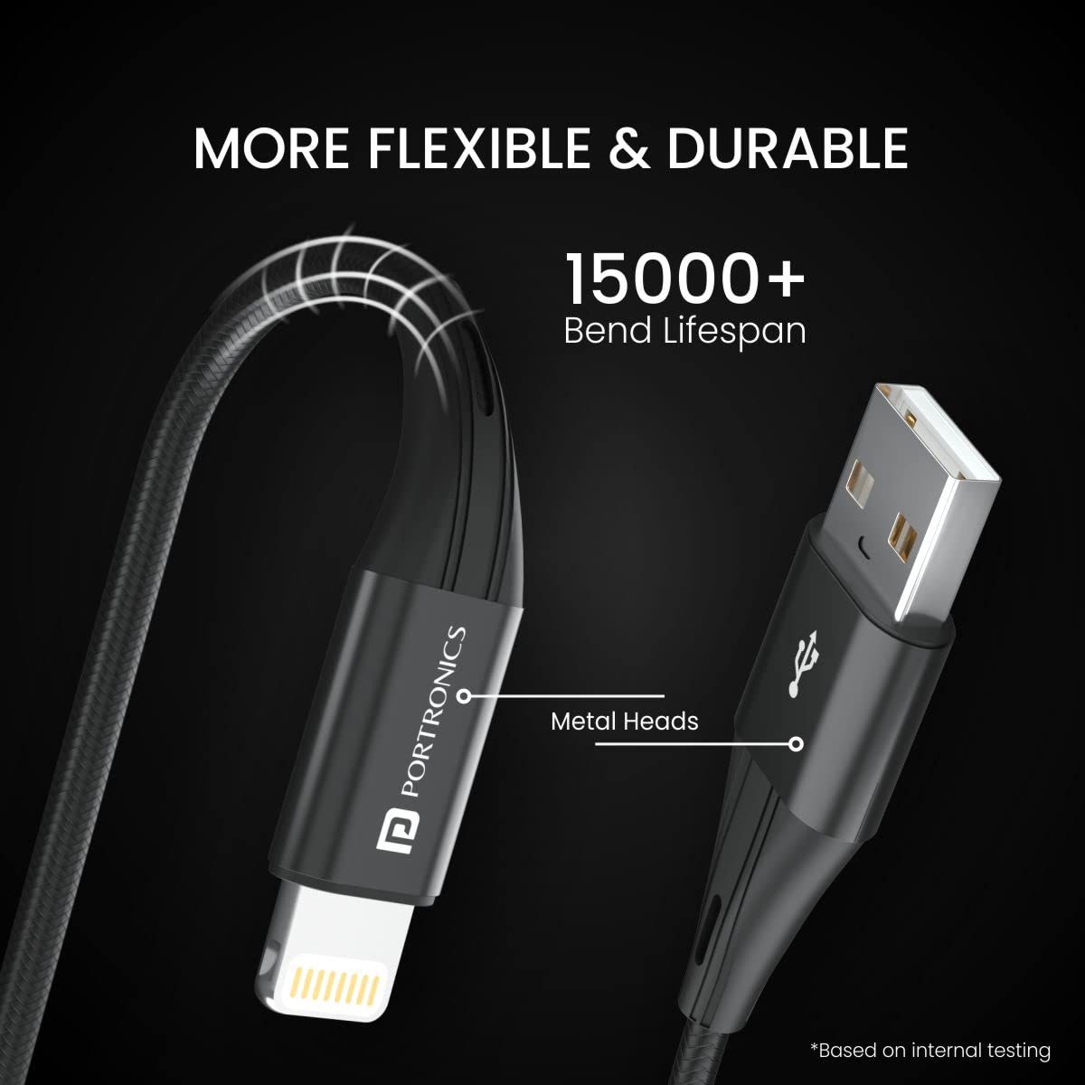 Portronics Konnect X USB to 8 Pin/Lightning Fast Charging Cable with 3A Output,Data Sync,Nylon Braided,Aluminium Alloy Shell,Compatible With iPhone 14,13,12,11,X, 8 Pro/Pro Max Series,iPad(Black)