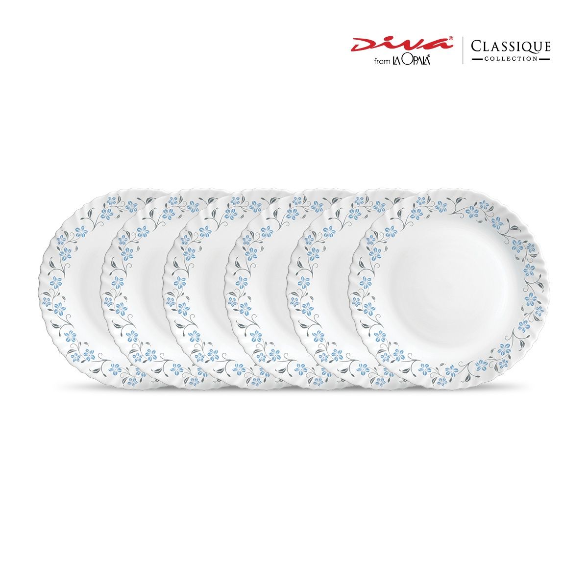 La Opala Diva Classique Dinner Plate | Opal Glass Full Plate for Dining | Set of 6 - Grace Blue