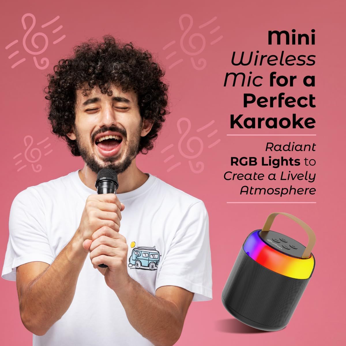 pTron Fusion Bliss 16W Bluetooth Speaker | Wireless Karaoke Mic | RGB Lights | 6Hrs Playtime - Black