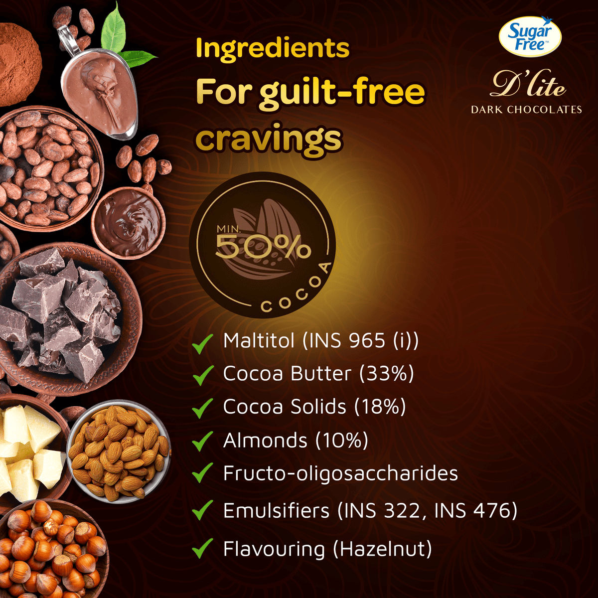 Sugar Free D'Lite Dark Chocolate Bar - Hazelnut & Roasted Almonds(40gms) & Sugar Free D'Lite Quinoa & Almonds Dark Chocolate Bar(40gms) Combo