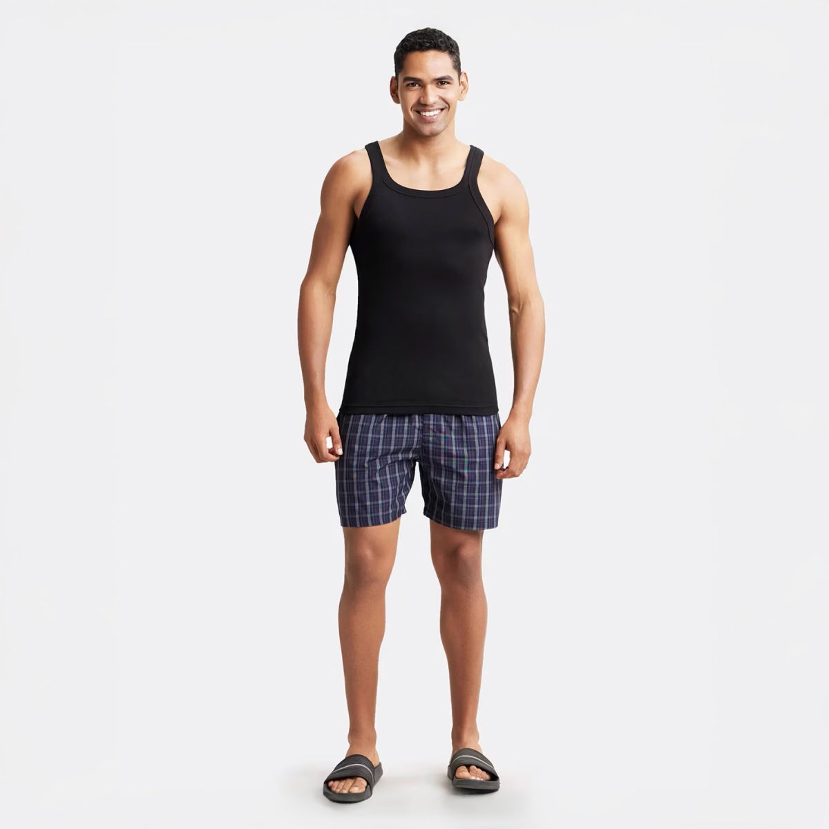 Jockey 1222 Men's Super Combed Mercerized Cotton Woven Checks Boxer|BackPocket | Blue-M