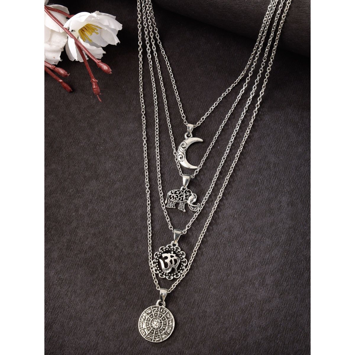 Scintillare By Sukkhi Multistyle 4 Layered Rhodium Plated Silver Oxidised Pendant Necklace