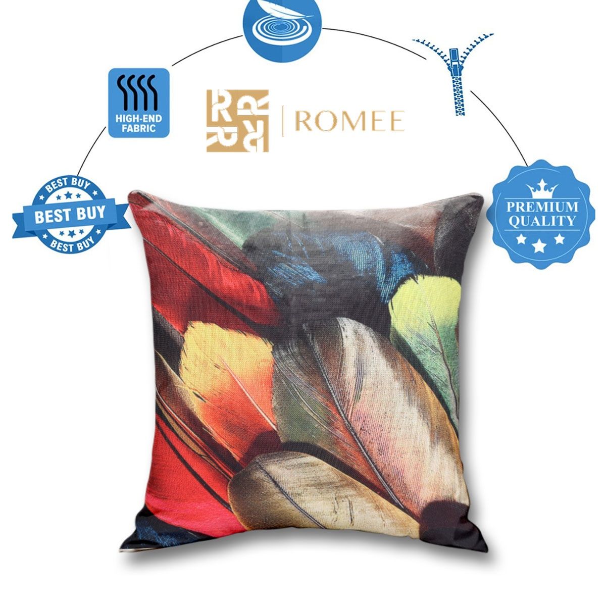 Romee Soft Jute Bird Feather Print Cushion Covers 40 x 40cm Set of 5 | Multicolor