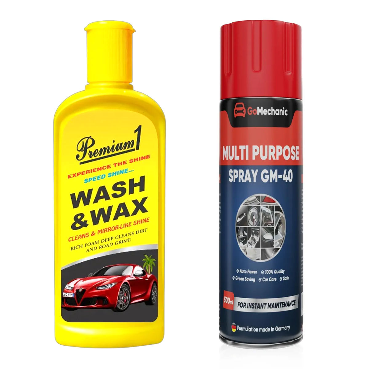 Premium1 Wash & Wax (200ml) & Gomechanic Multipurpose Lubricant Spray 400Ml-Advanced Formula For Rust Prevention (1pc) Combo