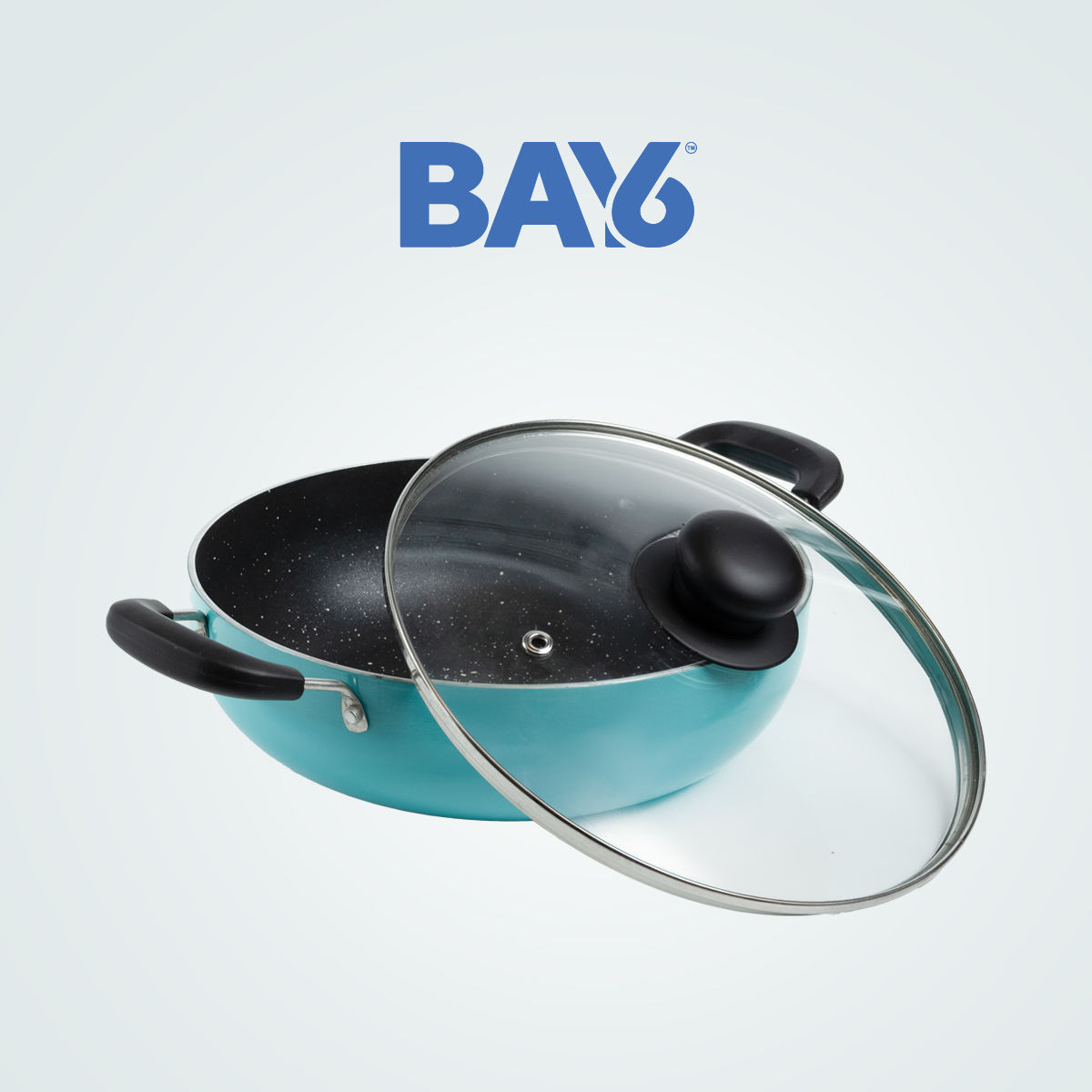 BAY6 Nonstick Induction Bottom Kadai with Glass Lid (3mm) 24 cm - Teal