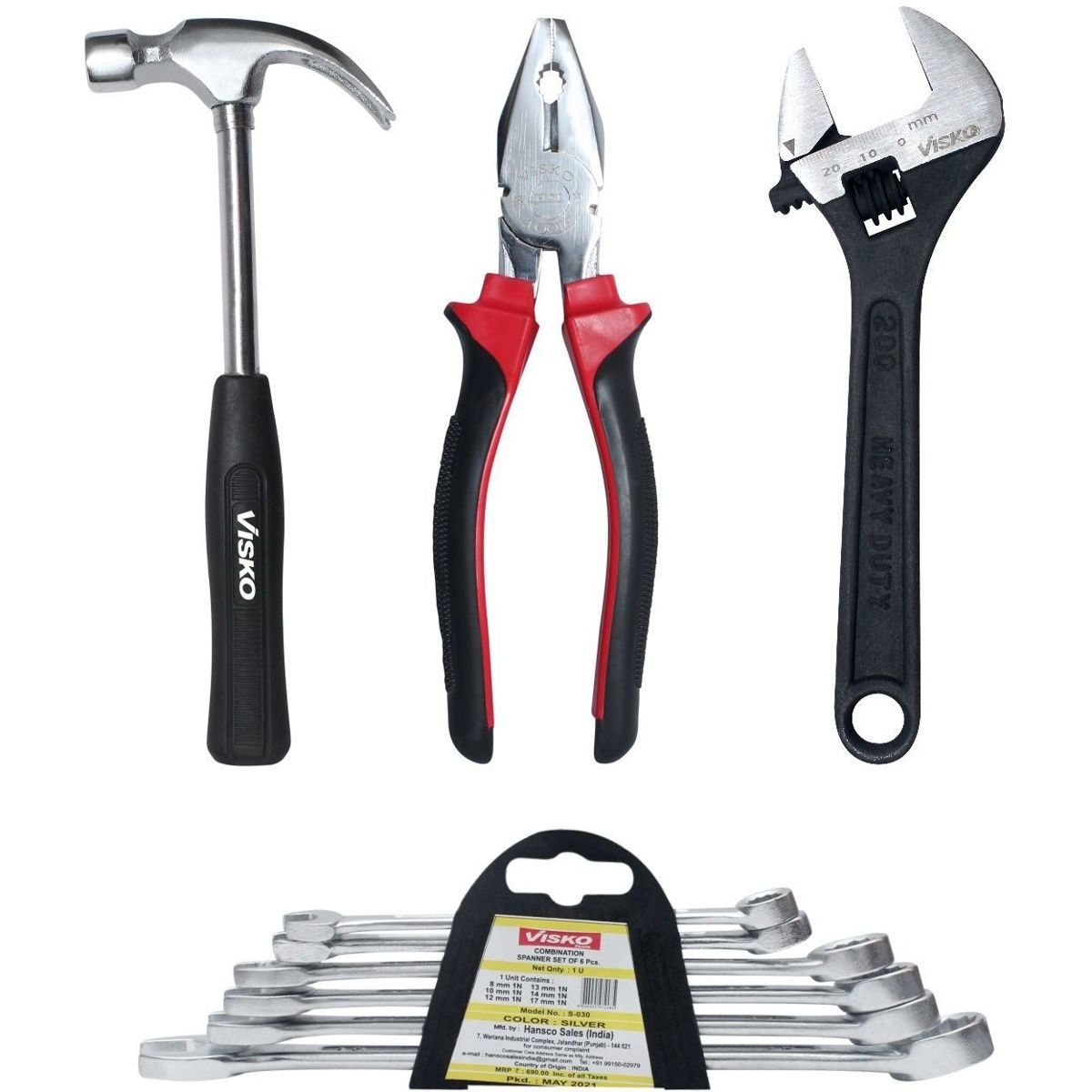 Visko 814 Hand Tools Combo With Plier | Wrench | Hammer | Spanner | Hand Tool Kit 4 Tools