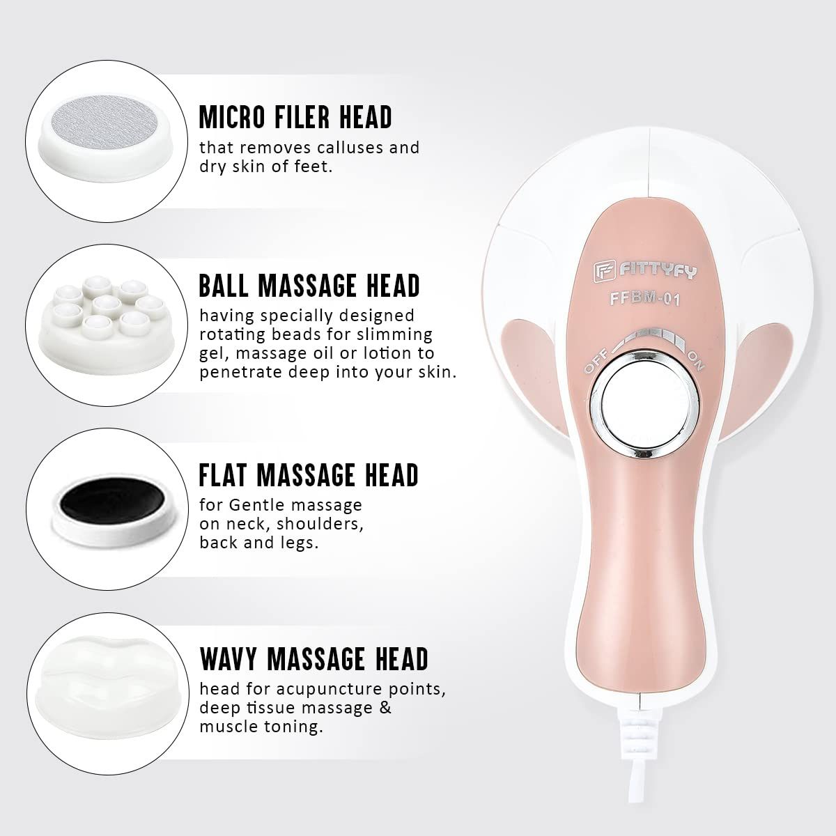 INALSA Fittyfy FFBM 01 Electric Handheld Full Body Massager-4 Heads &Variable Speed White/Pink