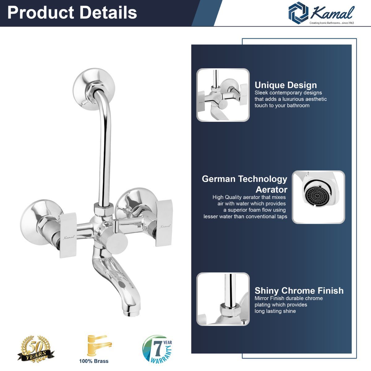 Kamal Wall Mixer - Orion | With L-Bend | Hot - Cold Shower Mixer| Sturdy Brass Build | Easy To Use