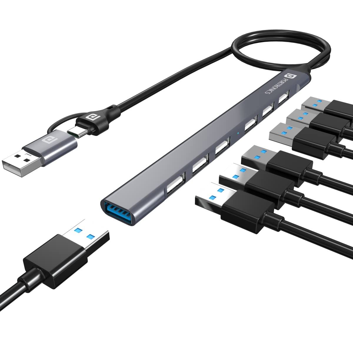 Portronics Mport 7 USB Hub (7-in-1), Multiport Adapter with Dual Convertible USB Type C Heads Grey