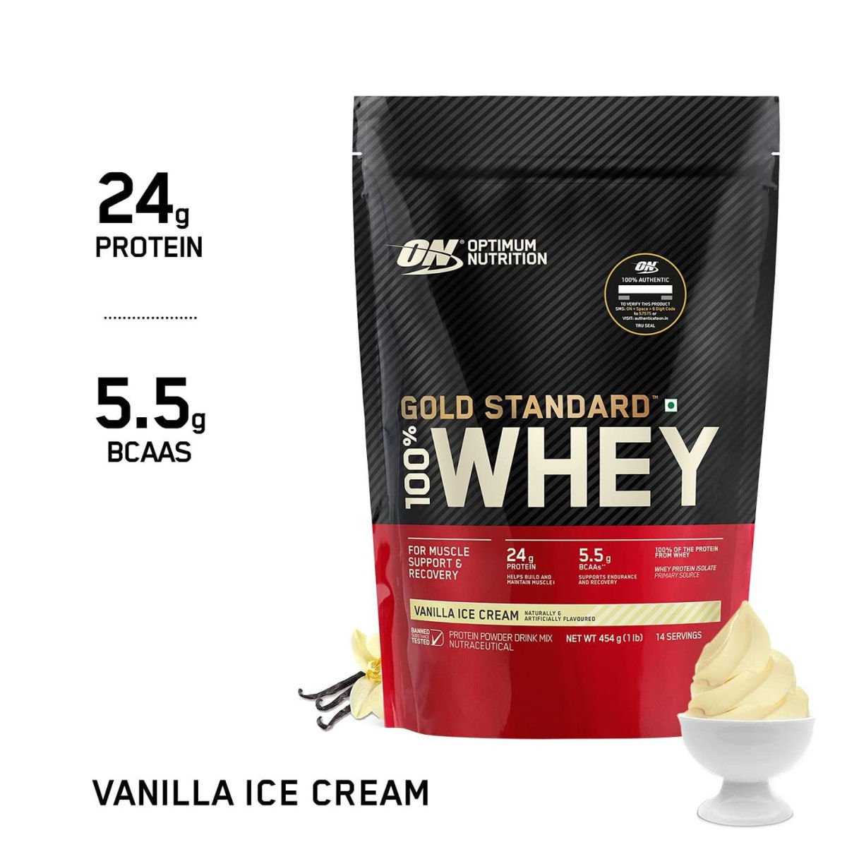 Optimum Nutrition (ON) 100% Whey Gold Standard Powder Vanilla Ice Cream1 lb