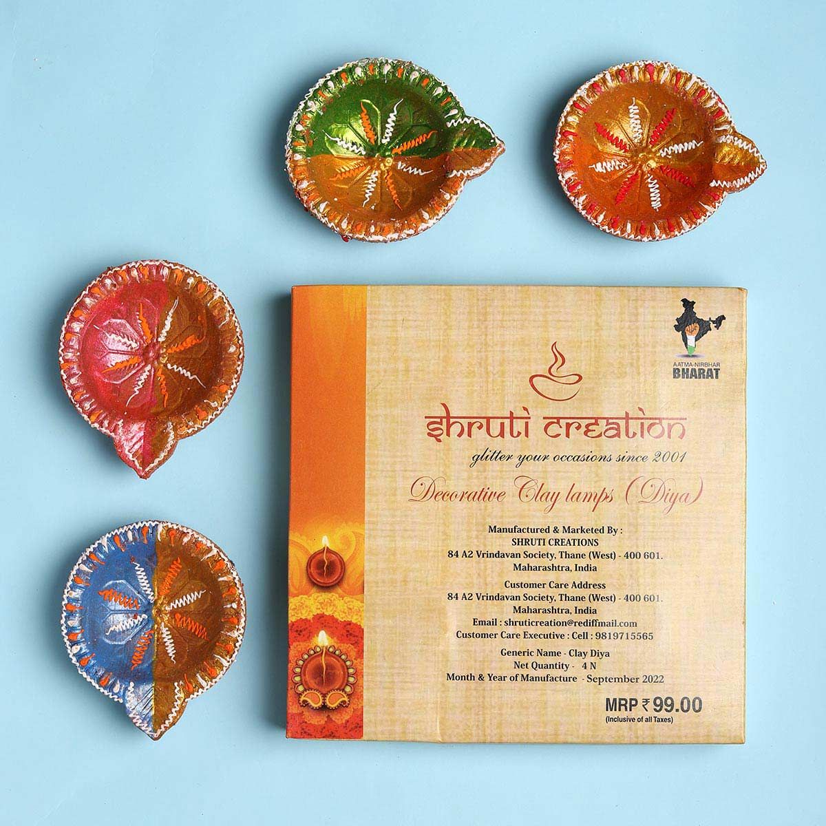 Shruti Creations In Flower Decorative Clay Diya - Set Of 4