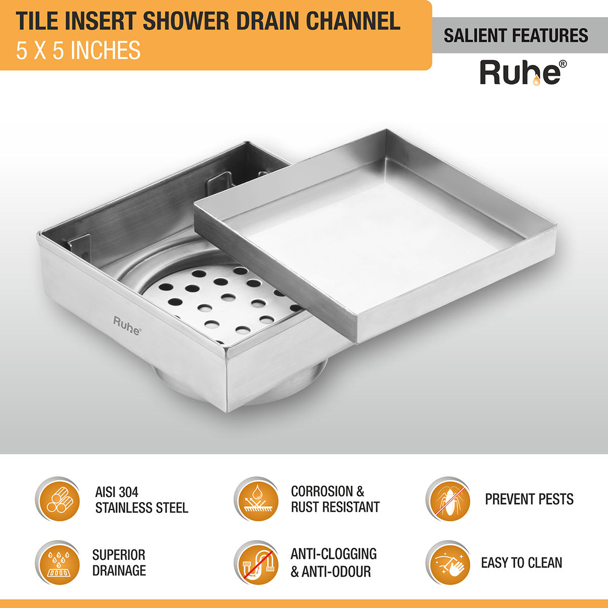 Ruhe Tile Insert Shower Drain Channel (5 x 5 Inches) with Cockroach Trap (304 Grade)