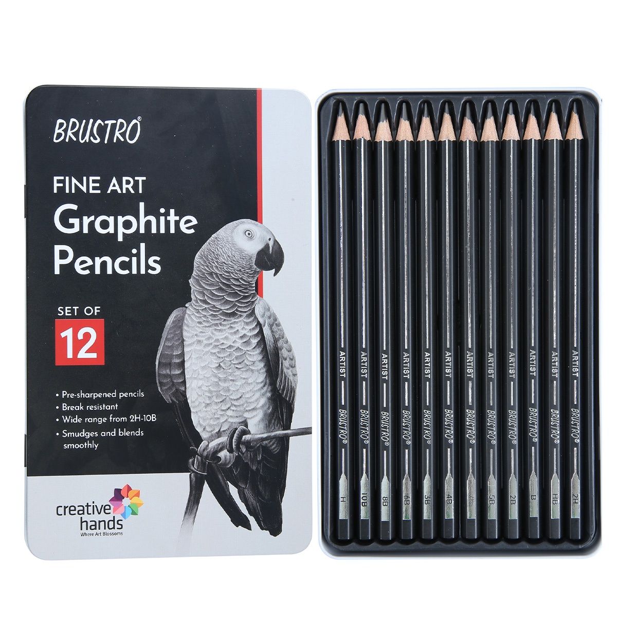 Brustro Artists Fine Art Graphite Pencil Set Of 12 | 10B - 2H | Tin Box