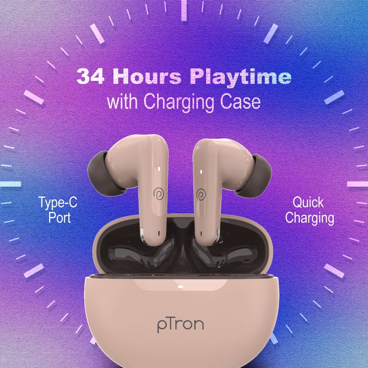 pTron Basspods Mojo TWS Earbuds | 34H Playtime | Clear Calls | Immersive Sound & Voice Assist - Brown