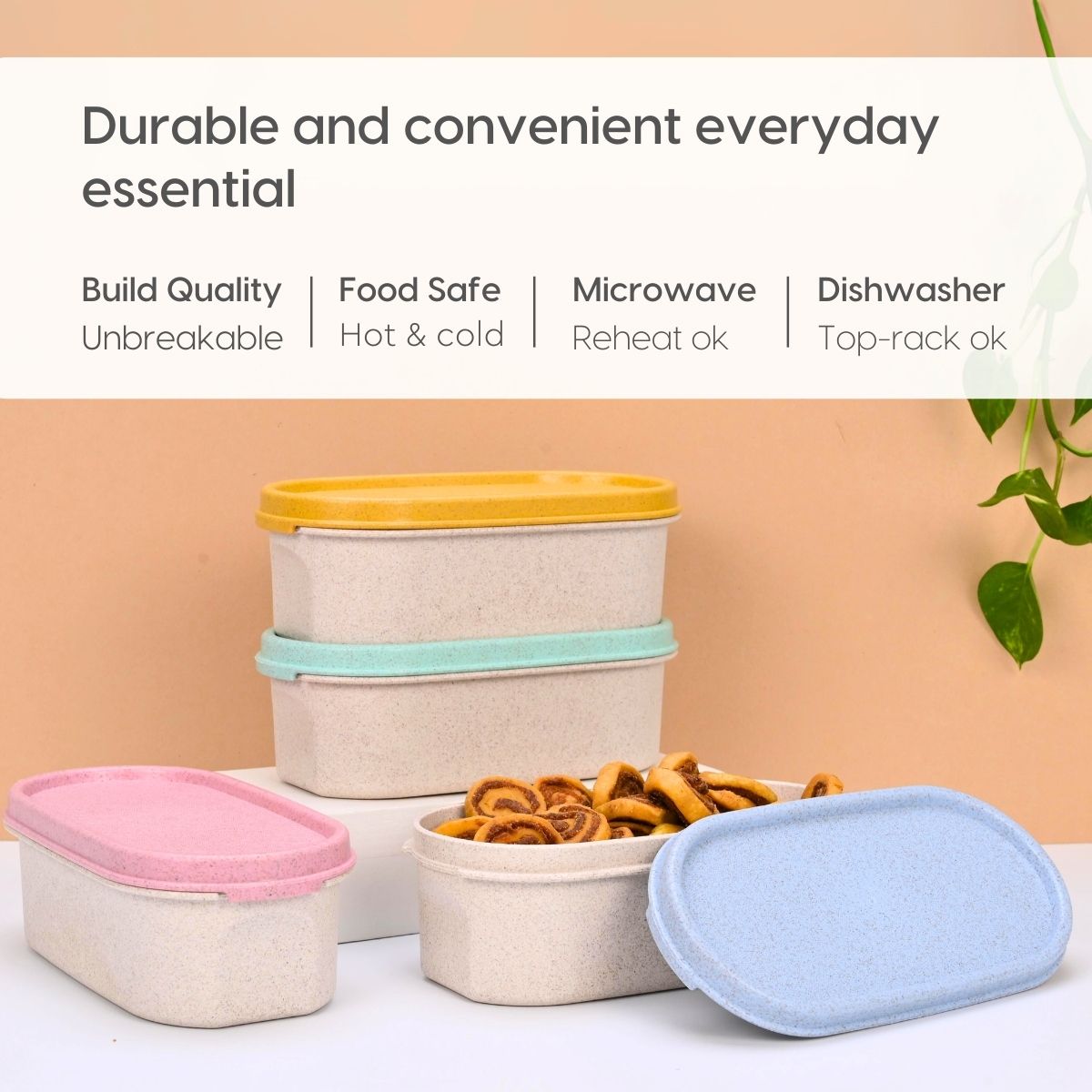 Eha Earth Friendly Naturebox Storage Containers, 600 ml, 4 pcs, Multi-light, Rice Husk Biocomposite