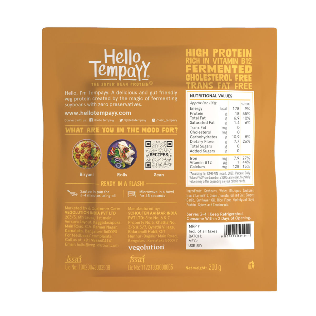 Hello Tempayy 36g Protein Tempeh Cubes | Tawa Masala - Low Fat & High Fibre