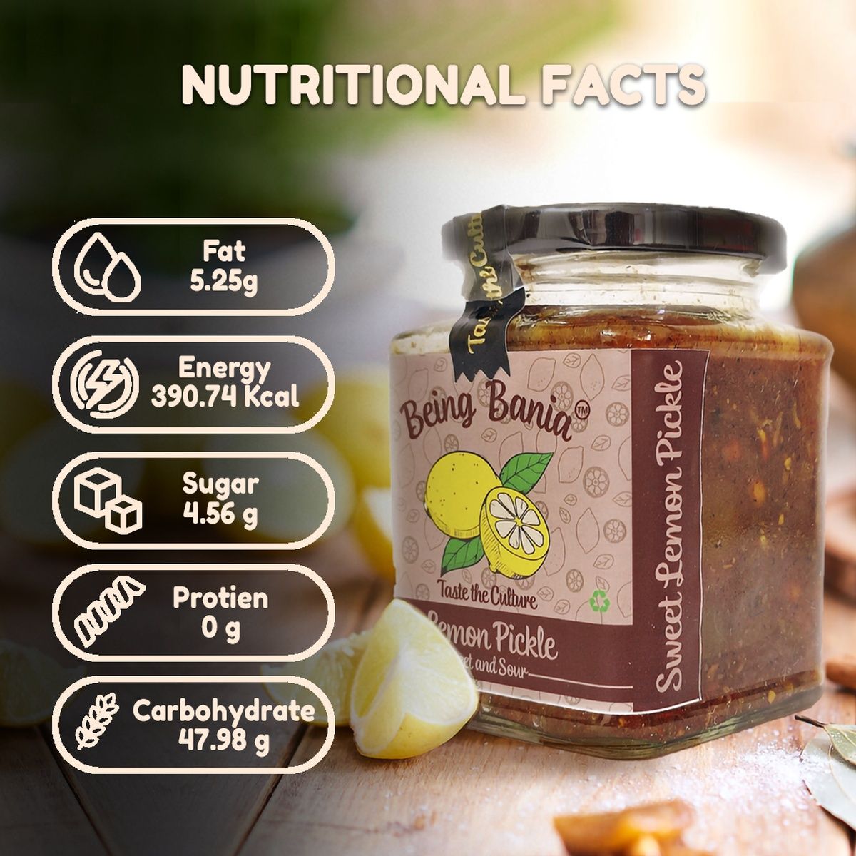 Being Bania Sweet Lemon Pickle with a flavor of Hing - Oil-free