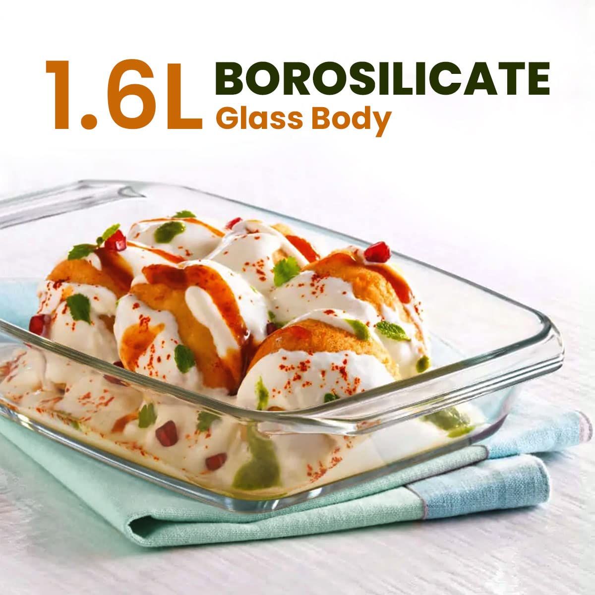 Agaro Elite Glass Baking Tray With Handle, Borosilicate Glass, Rectangle Shape, 1600ml