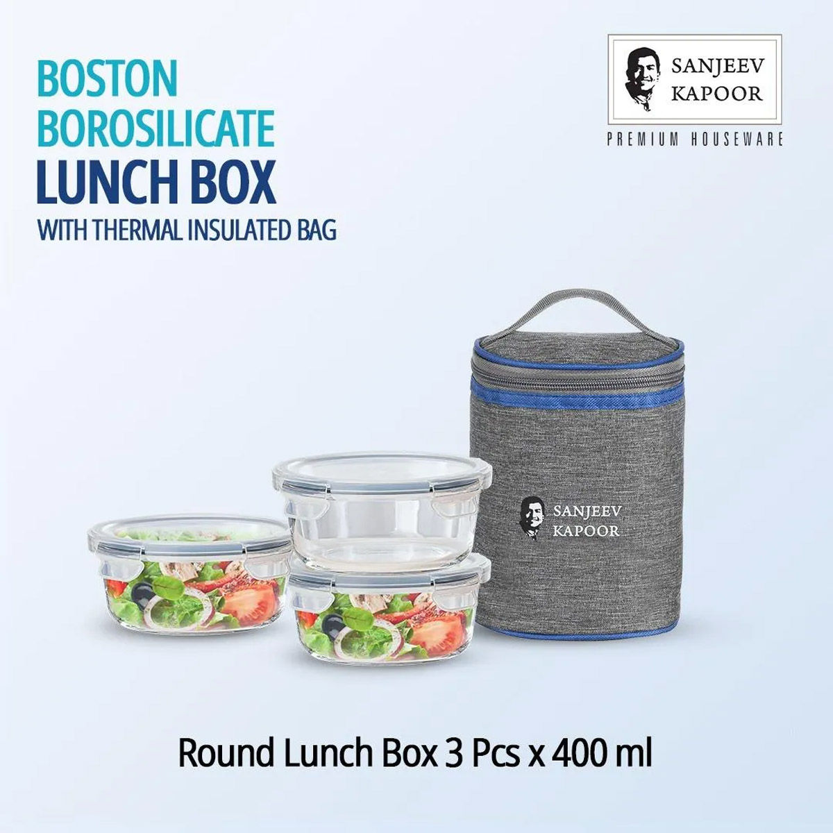 Sanjeev Kapoor Boston Round Lunch Box 3 x 400 Ml - Set Of 3 Pcs With Bag - Assorted