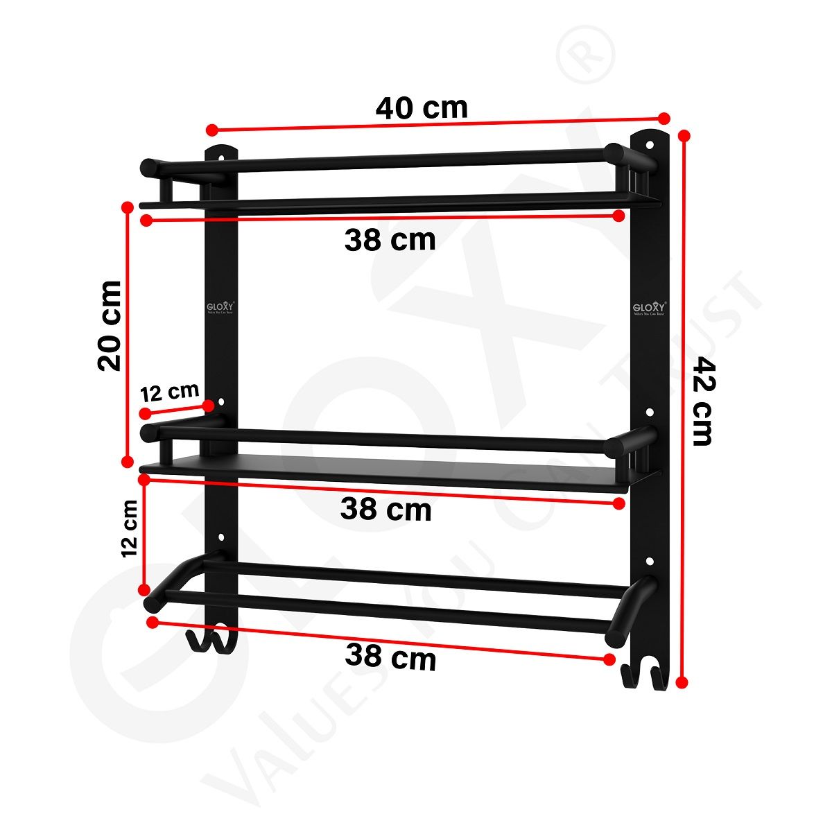Gloxy Black Stainless Steel 2 Layer Shelf with Towel Rod for Shelf or Bathroom 15 x 5 x 18 inch