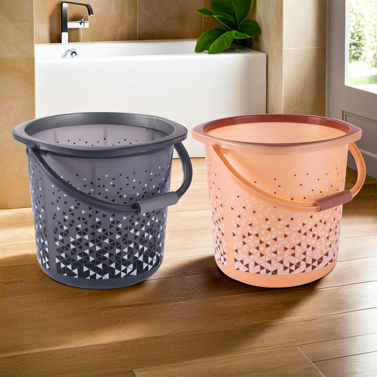 Kuber Industries Plastic Triangle Print Bucket with Handle | 18 L | Pack of 2 (Black & Brown)