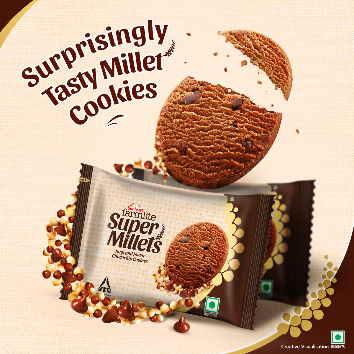 Sunfeast Farmlite Super Millets Ragi and Jowar Chocochip Cookies,Delightfully Tasty & Crunchy
