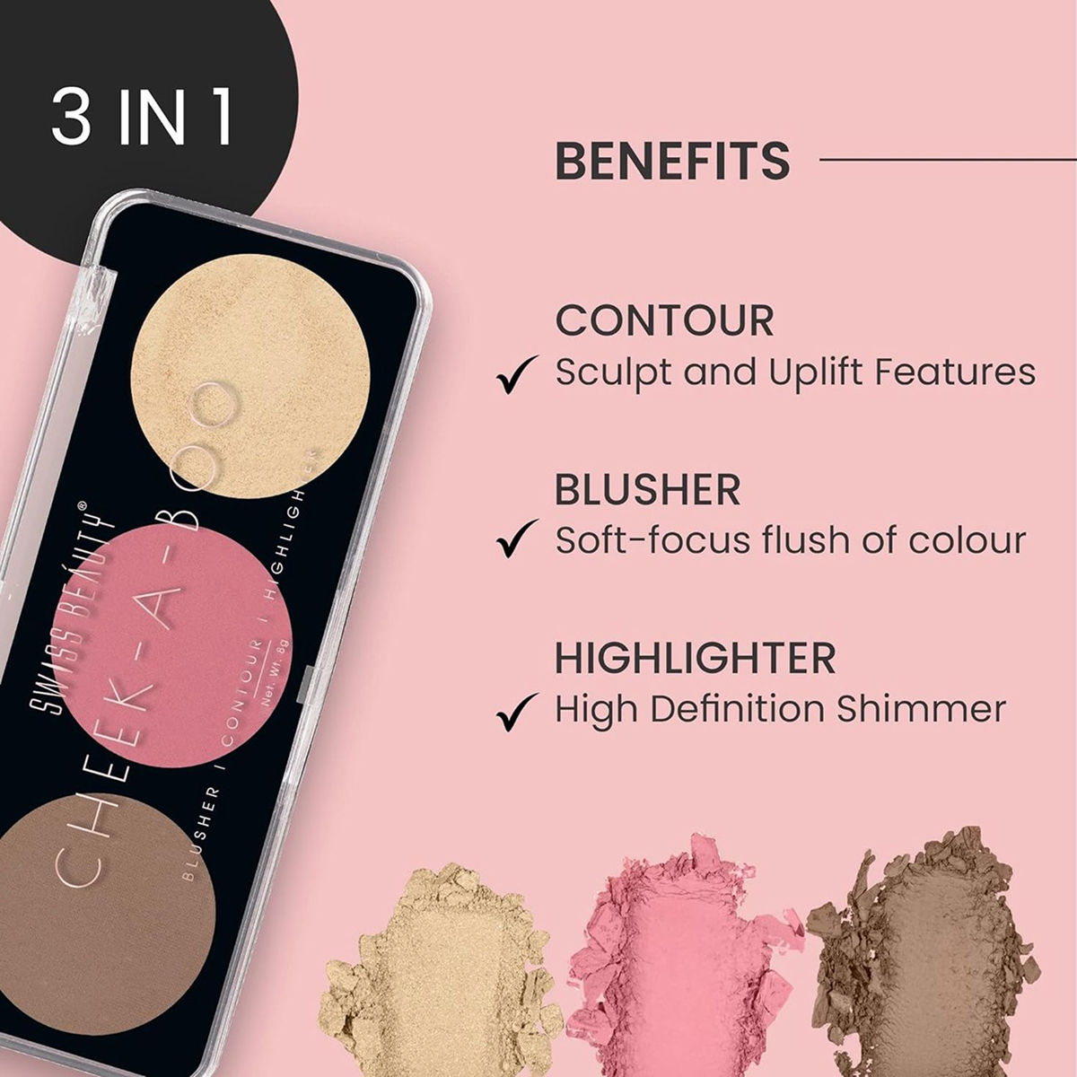 Swiss Beauty Cheek-A-Boo 3 In One Blusher Contour And Highlighter - 2