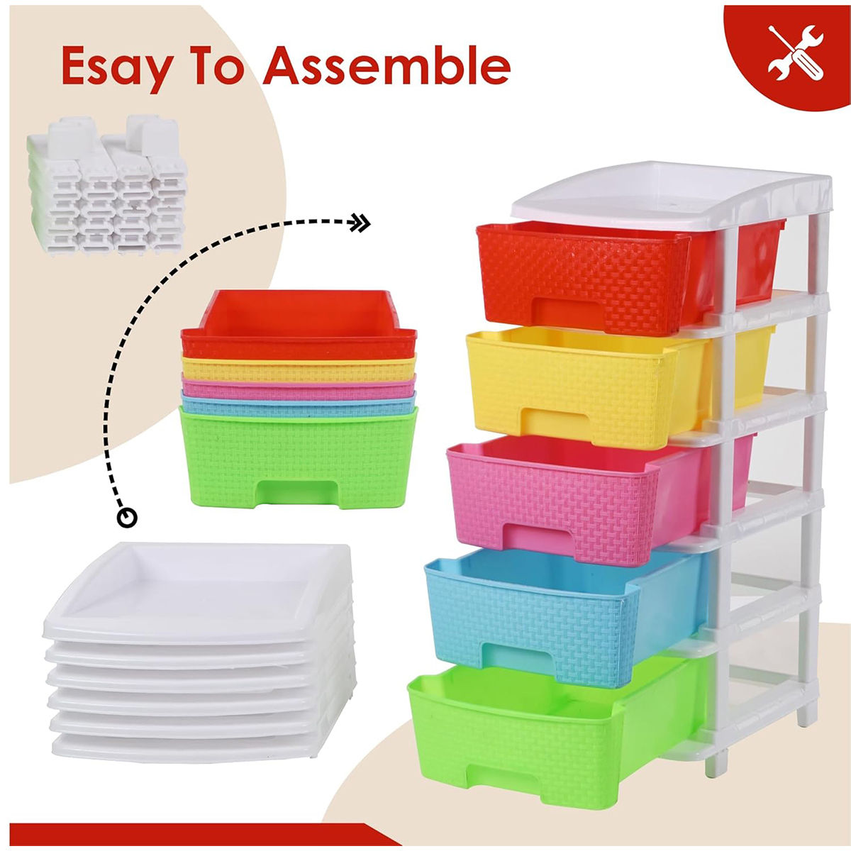 Kuber Industries Plastic Modular Storage Drawer Rack for office|School|Home|5-Tier|Multicolor