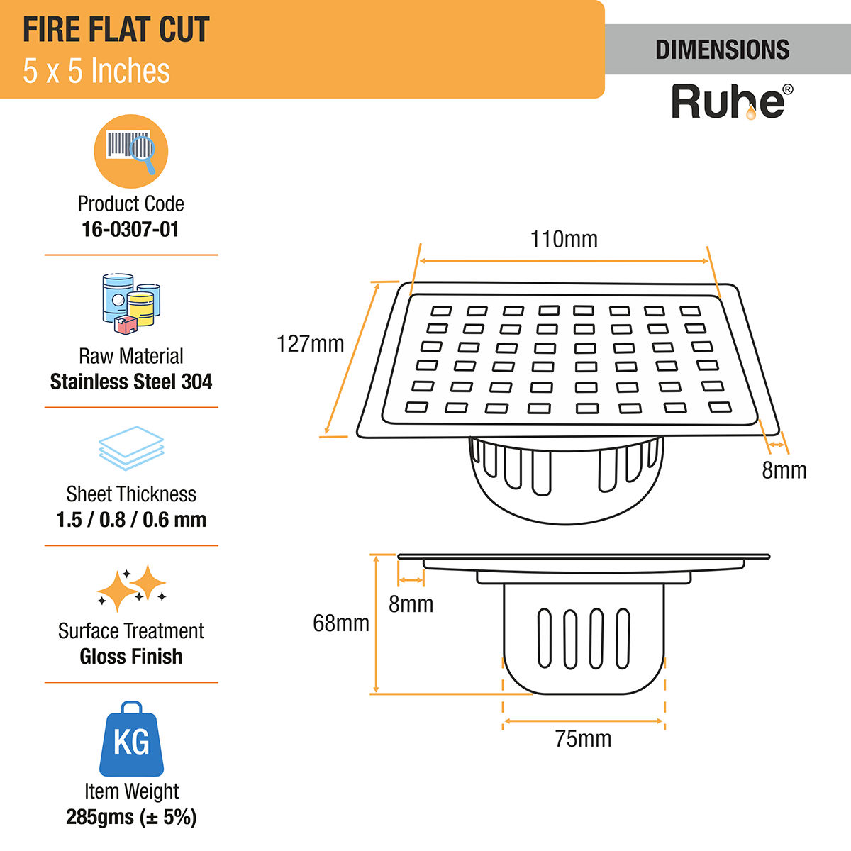 Ruhe Fire Square 304-Grade Floor Drain with Cockroach Trap (5 x 5 Inches)
