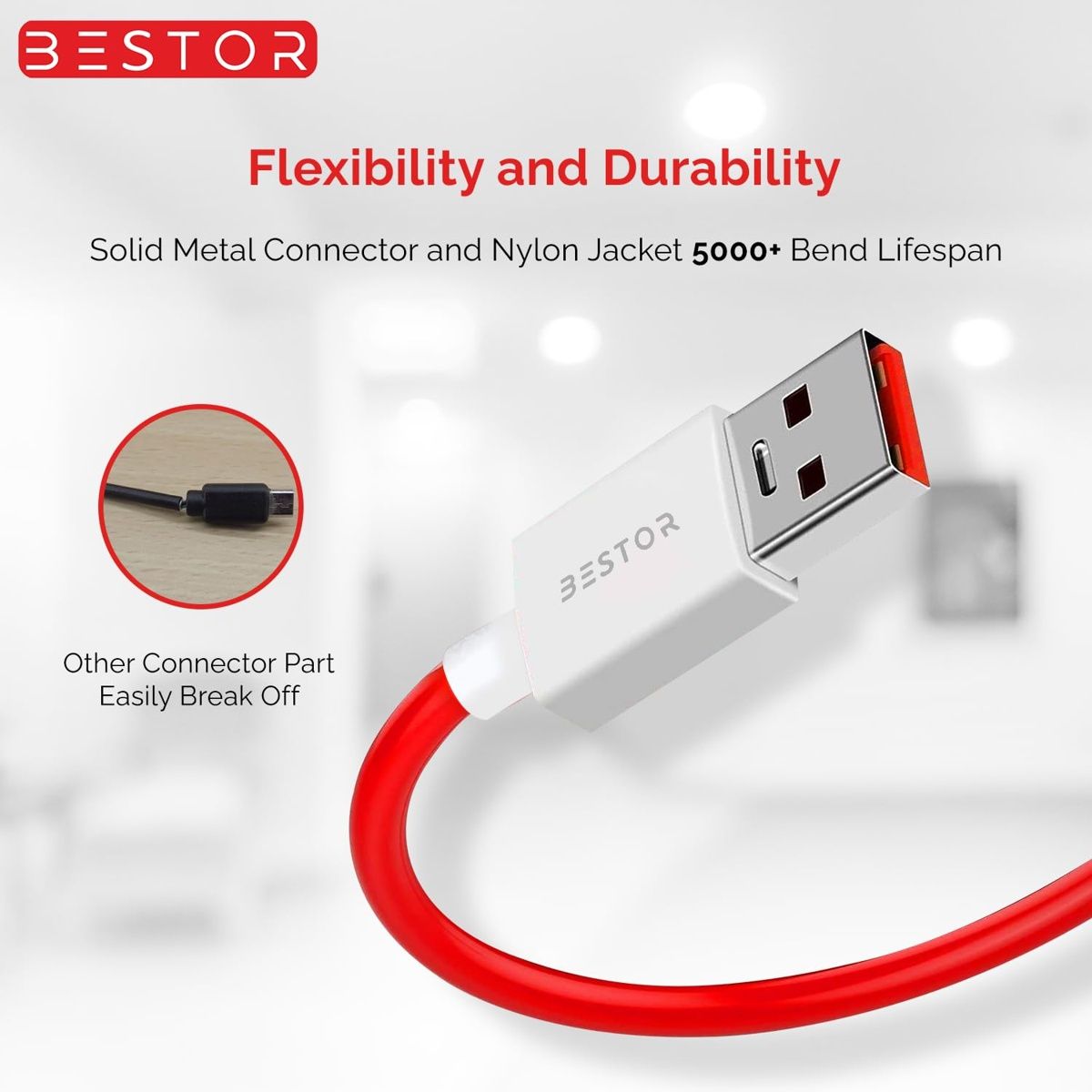 Bestor USB Type-C Cable Fast Charging | Data Sync USB-A to USB-C (Red, White)