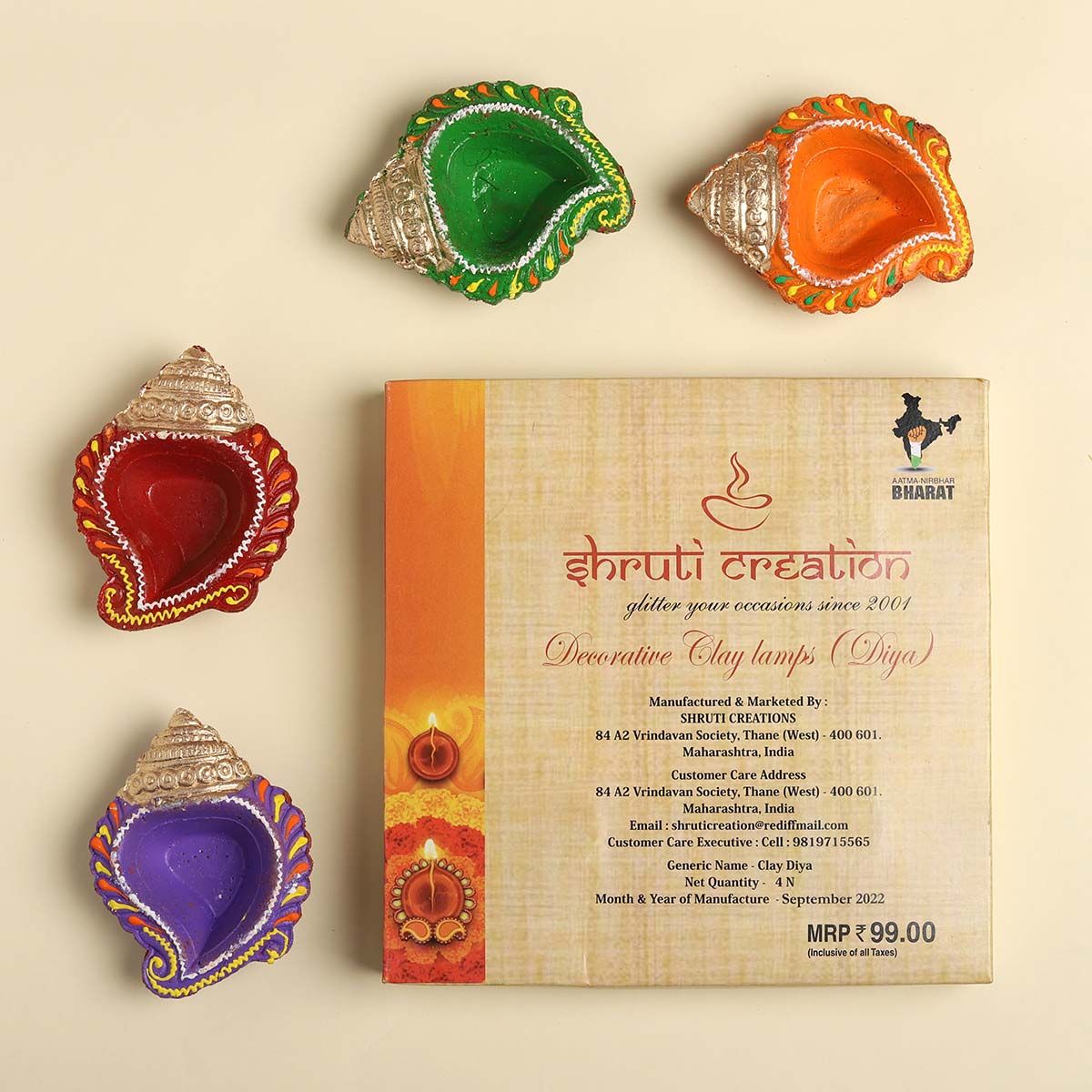 Shruti Creations Leaf Decorative Clay Diya - Set Of 4