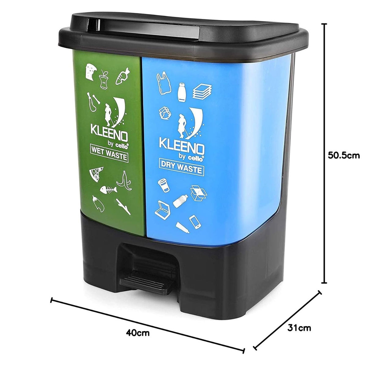 Cello Duo Plastic Step-On Pedal Dustbin for Wet and Dry Waste| | 35 Liters, Green and Blue