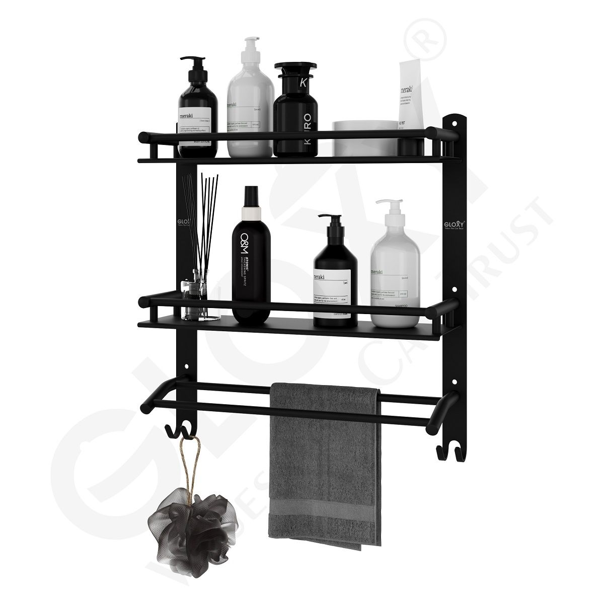 Gloxy Black Stainless Steel 2 Layer Shelf with Towel Rod for Shelf or Bathroom 15 x 5 x 18 inch