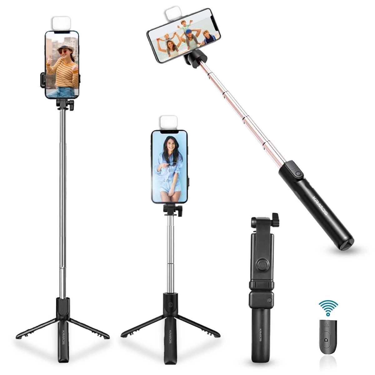 Kratos Multi Purpose Selfie Stick with Tripod Stand| Rechargable LED Light with 2 Brighness Levels (70 cm Length)