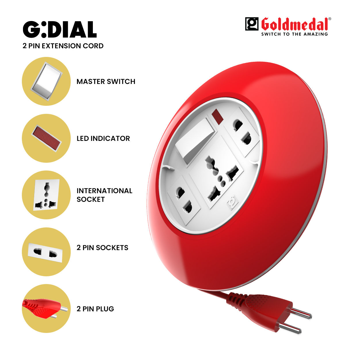Goldmedal -Dial 2 Pin Plug 5-Meter Extension Cord (White) |Universal Socket & 2-Pin Sockets | Master Switch with Indicator | Ultra-Smooth Rotation |Extension Board for Home & Office|-Pack of 1
