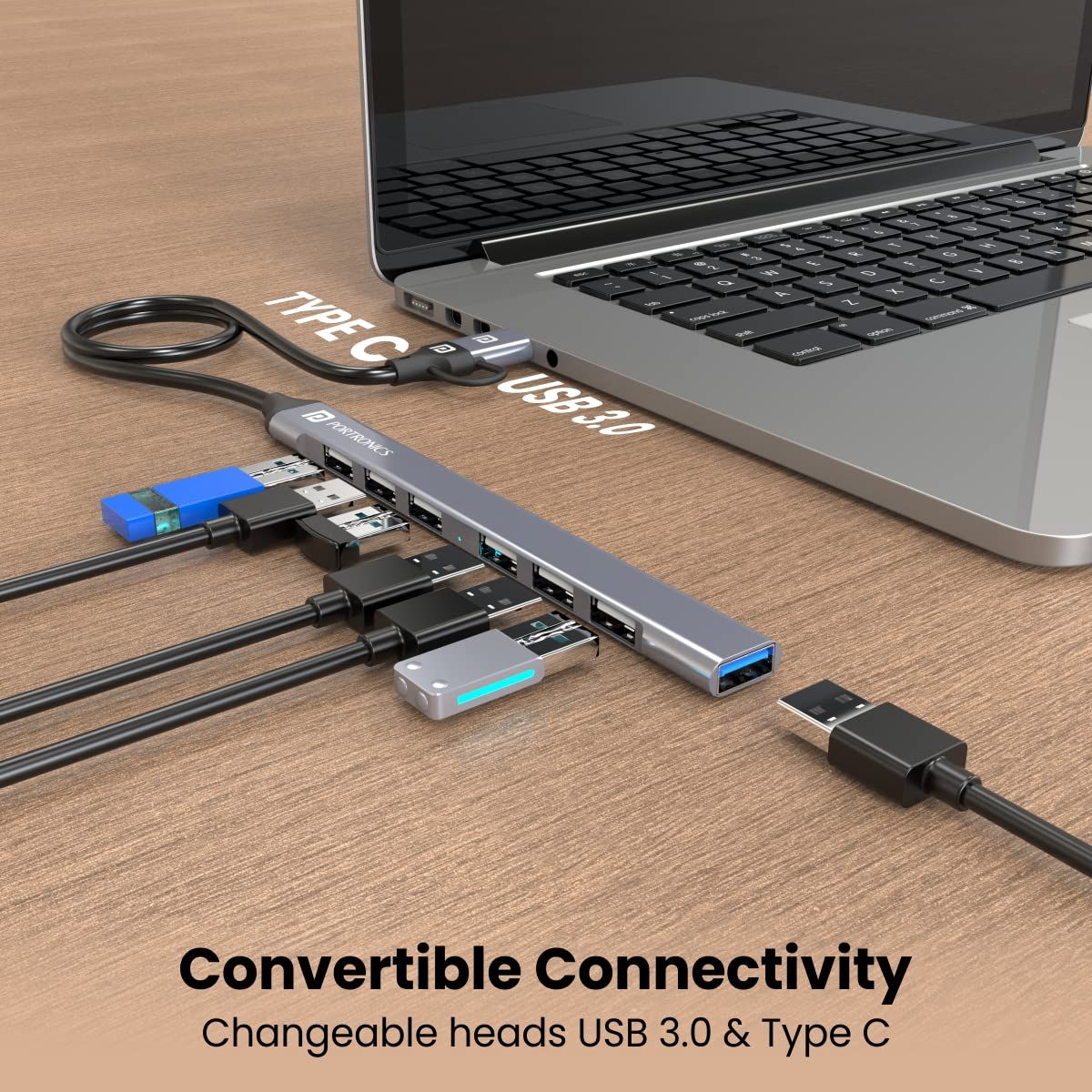 Portronics Mport 7 USB Hub (7-in-1), Multiport Adapter with Dual Convertible USB Type C Heads Grey