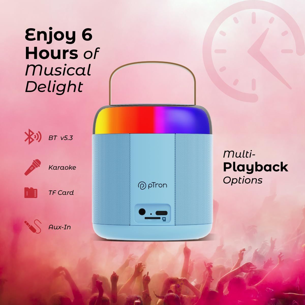 pTron Fusion Bliss 16W Bluetooth Speaker | Wireless Karaoke Mic | RGB Lights | 6Hrs Playtime - Blue