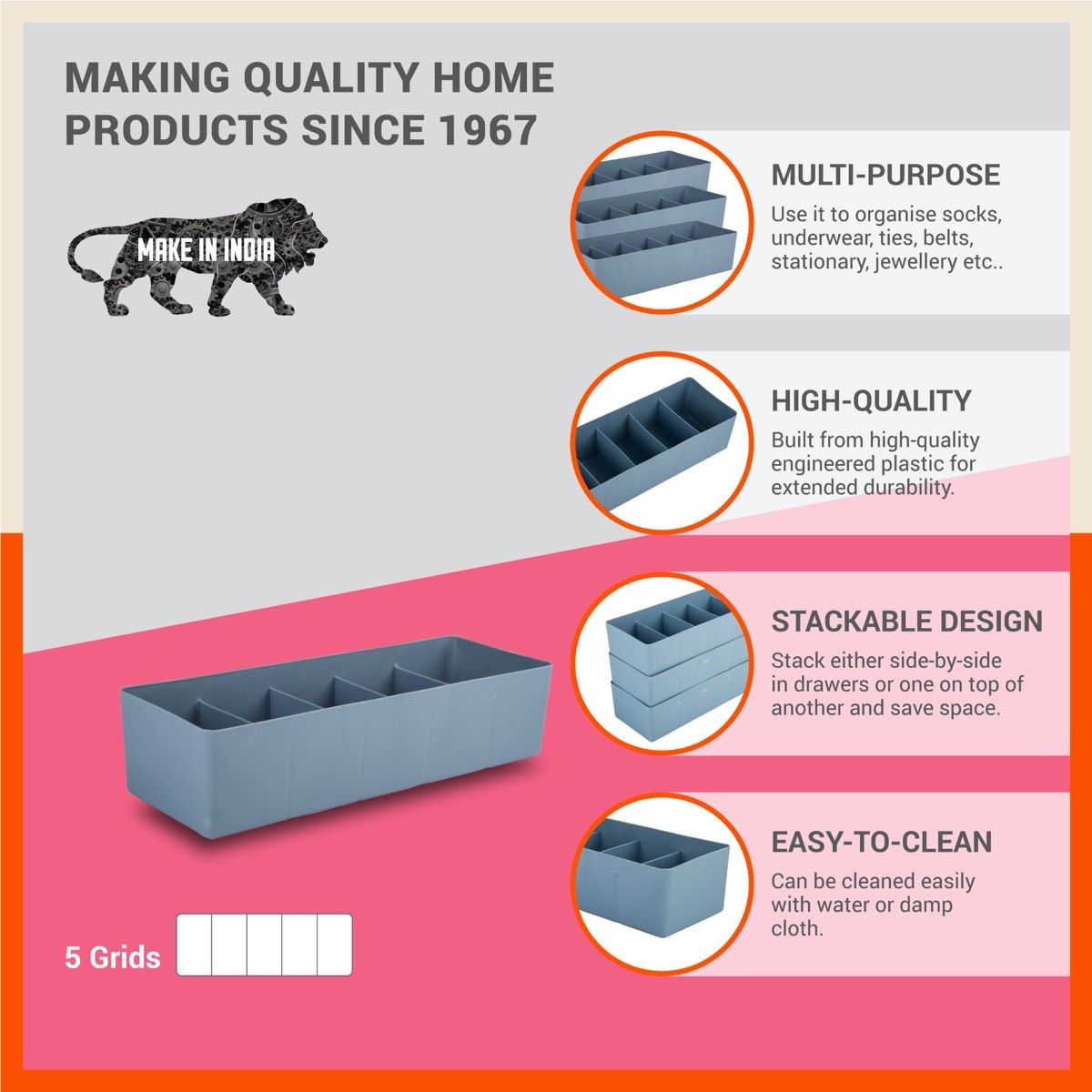 Bathla Set of 3 Drawer Organiser - Multi-purpose, Stackable, 5 Grids - DORI | Ash