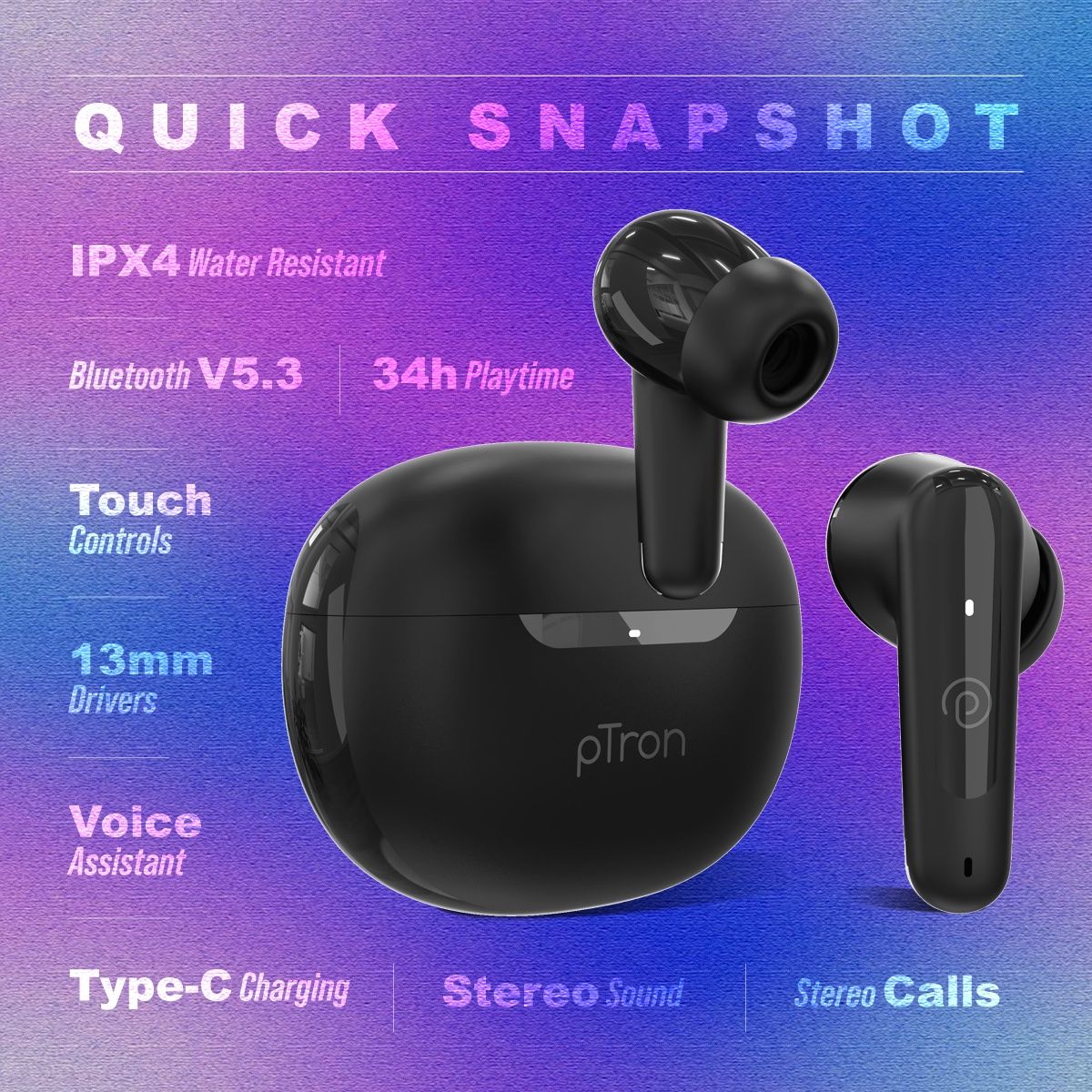 pTron Basspods Mojo TWS Earbuds | 34H Playtime | Clear Calls | Immersive Sound & Voice Assist- Black