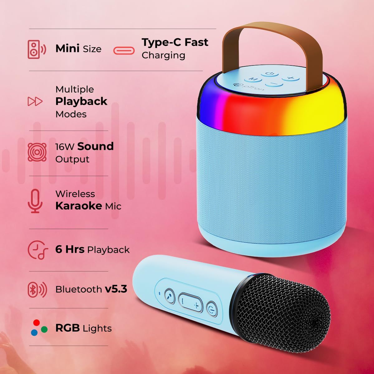 pTron Fusion Bliss 16W Bluetooth Speaker | Wireless Karaoke Mic | RGB Lights | 6Hrs Playtime - Blue