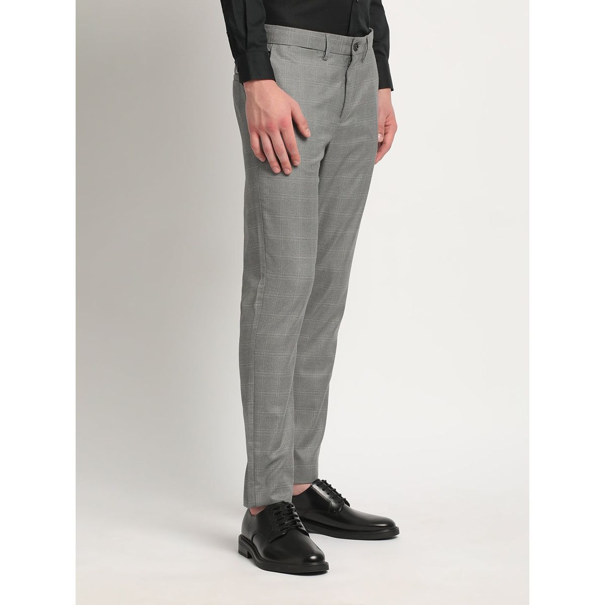 The Bear House Men Slim Fit Checked Polyester Blend Formal Trouser - Caneel | Grey | 30
