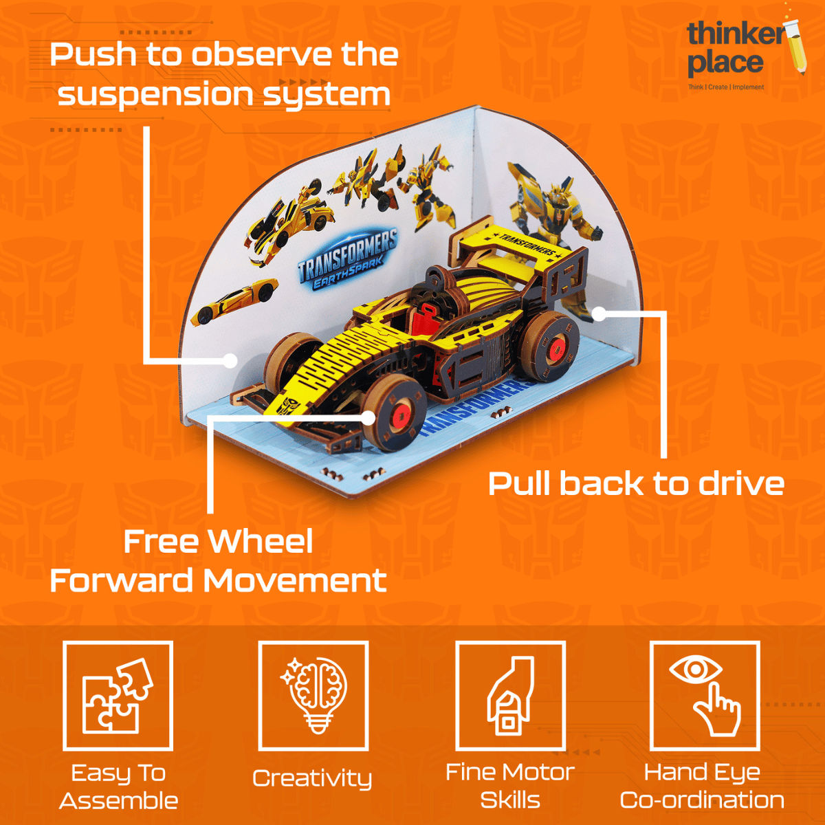 ThinkerPlace Transformers Bumblebee Racing Kit | Build, Learn & Play with Pull-Back Car (Age 8+)