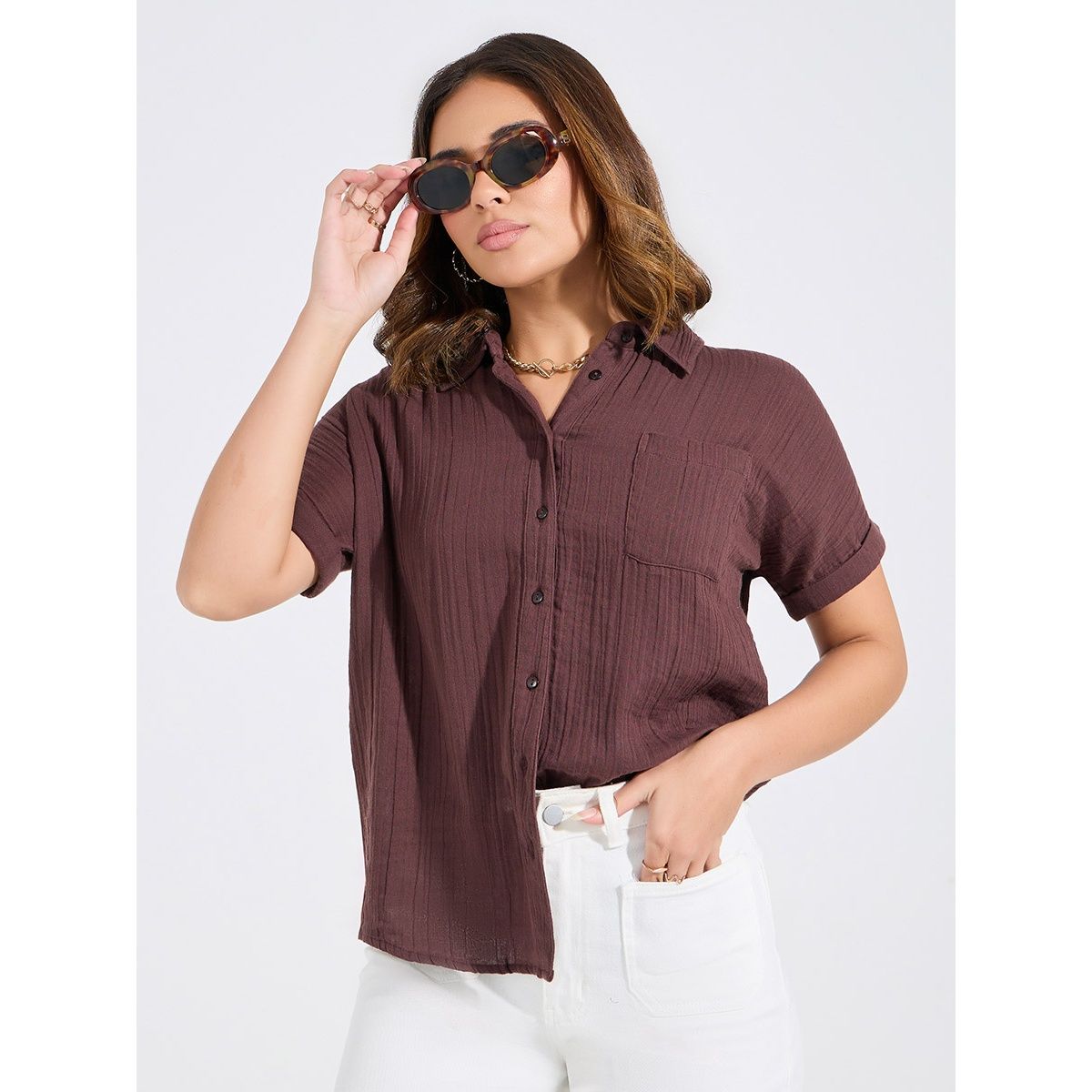 Styli Women's Button Down Shirt with Roll-up Sleeve, Textured Fabric and Regular Fit | Brown - S