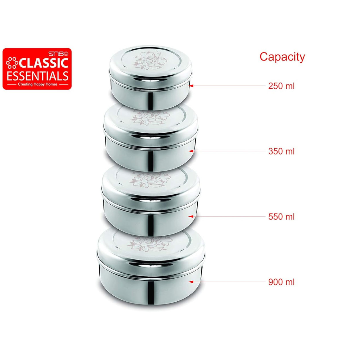 Classic Essentials Stainless Steel Utility Container 250ml, 350ml, 550ml, 900ml Pack of 4