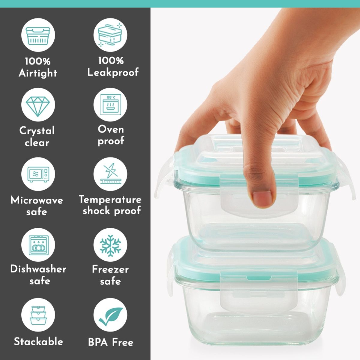 Magnus Vivid Solid Lunch Box With Bag, 2pc Square Containers (320 ml Each), Borosilicate Glass Tiffin
