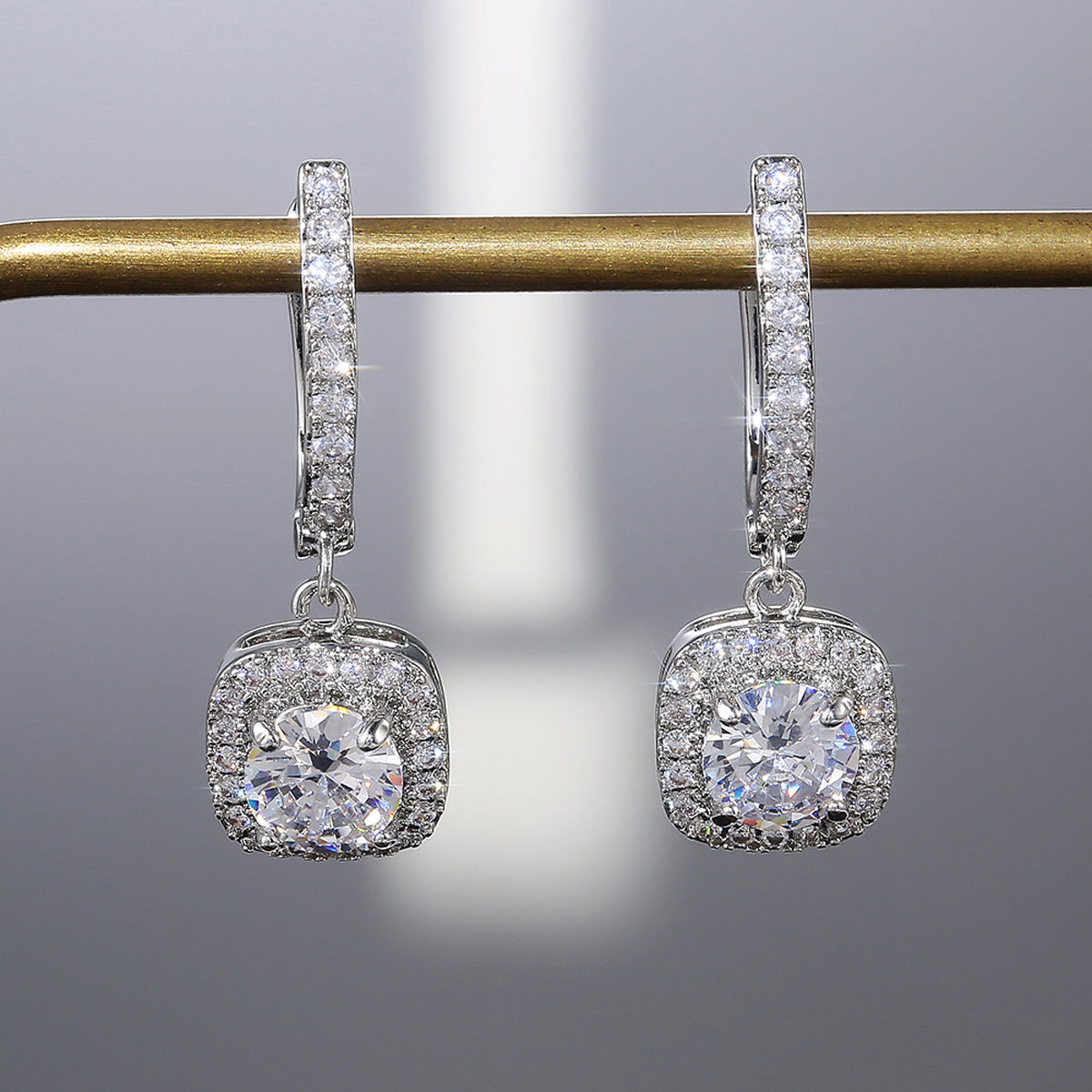 Designs & You Silver Plated Ad Studded Rectangular Crushed Ice Cut Drop Earrings (1 Pack Earrings)