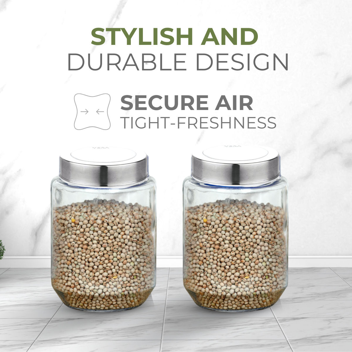 Yera Premium Round Glass Jar With Steel See - Thorugh Lids 2 pcs Jar Set 580 ml (Each)
