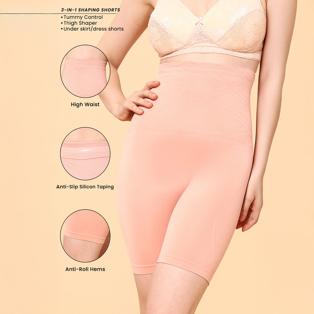 Clovia 4-In-1 Shapewear | Tummy- Back- Thighs- Hips | Peach | S/M