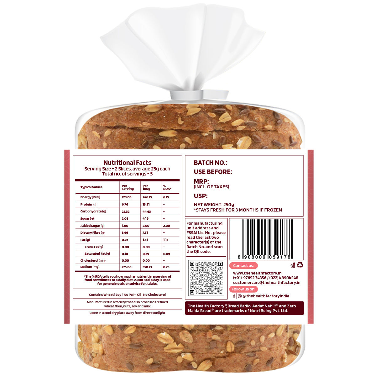 The Health Factory Zero Maida Multigrain Bread | Clean Label - Not Brown