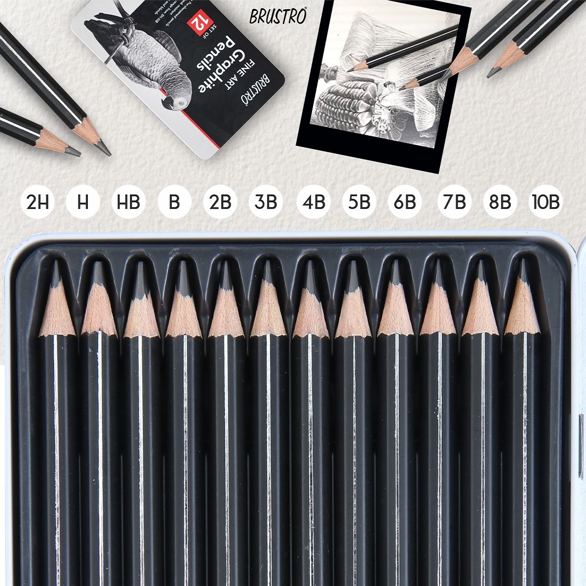Brustro Artists Fine Art Graphite Pencil Set Of 12 | 10B - 2H | Tin Box